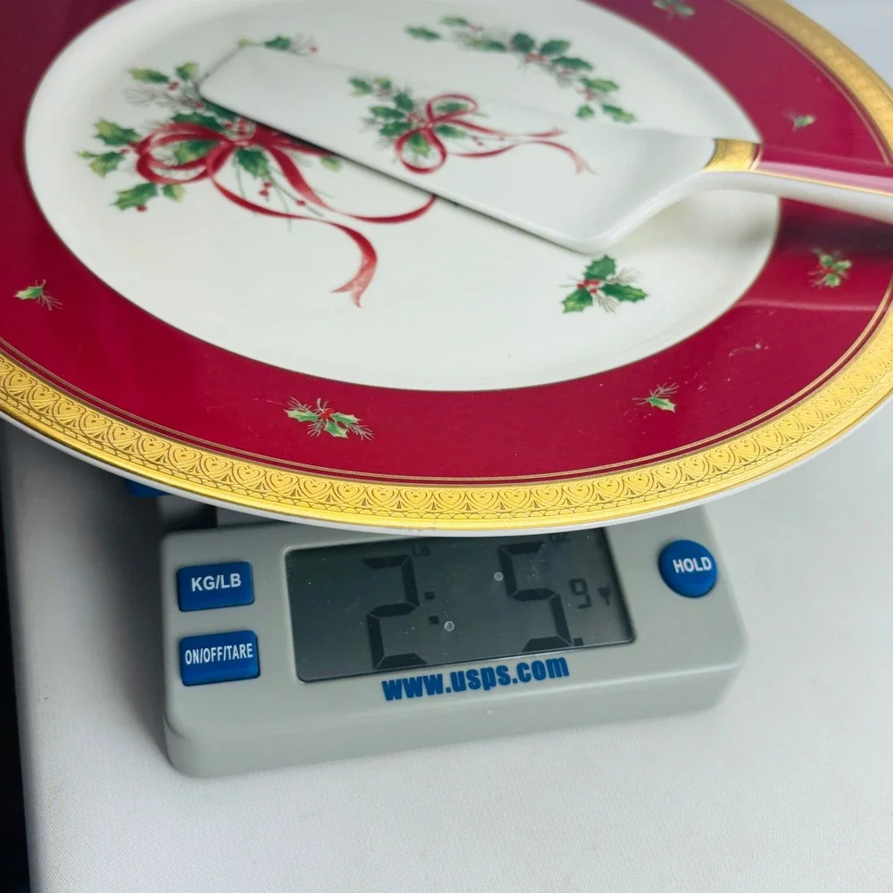 Mikasa Palatial Holly Gold Cake Plate & Server Red Gold Trim Holidays Christmas